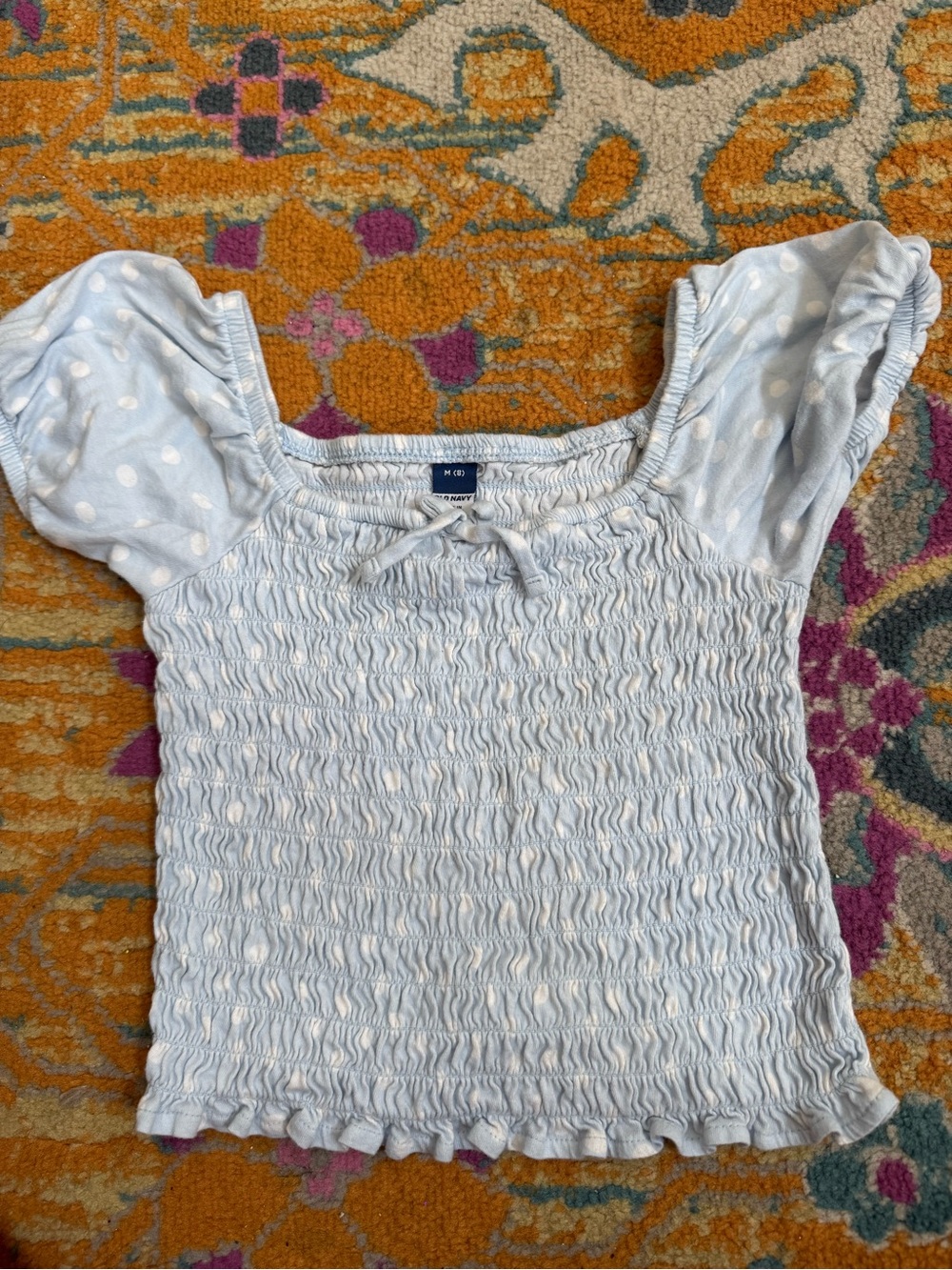OLD NAVY girls Light Blue Smocked polka dot Puff Sleeve Top - M